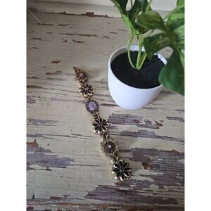 Vtg Gold Tone Floral Link Bracelet Purple Cabochon Black Enamel Flower Statement